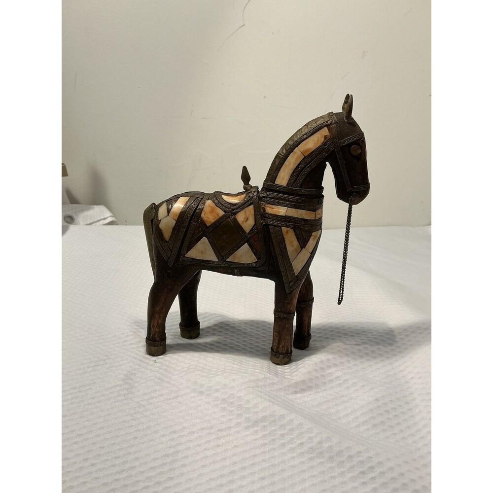 Vintage Wood Brass Bone Inlay Armored Horse Figurine Sculpture Equestrian Decor